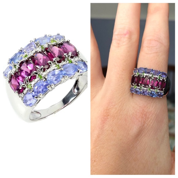 GENUINE Unheated Oval Rhodolite Garnet 6x4mm Tanzanite 925 Silver Ring Size 7 - Picture 3 of 17